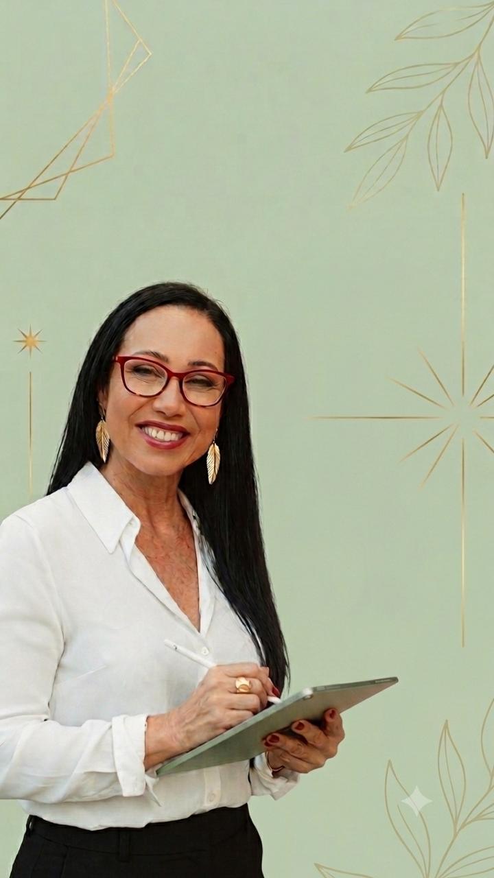 Tatiana Menezes, terapeuta e mentora do Código M40+, escrevendo em um tablet